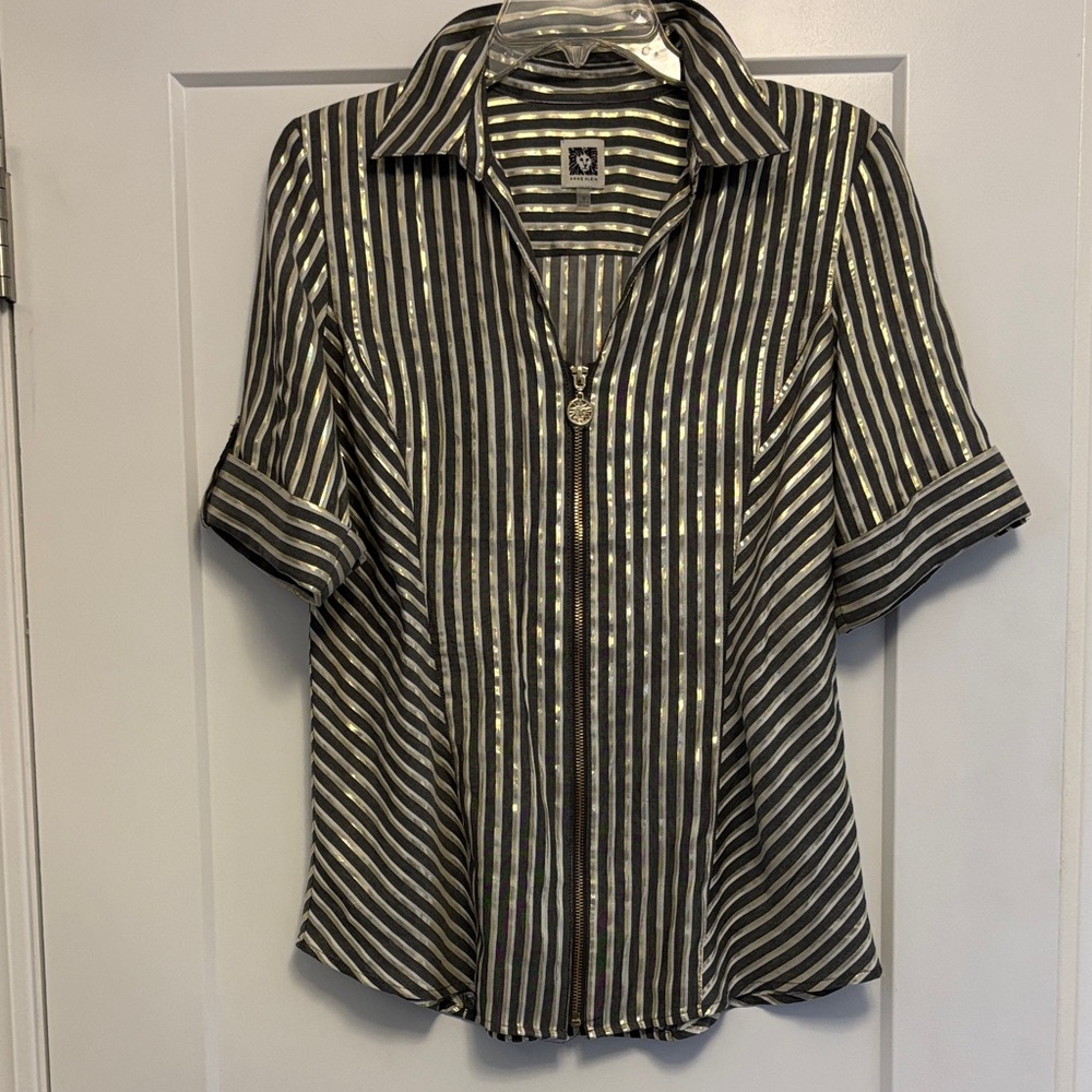 Anne Klein Dk Grey and Gold Striped Button Down Shirt